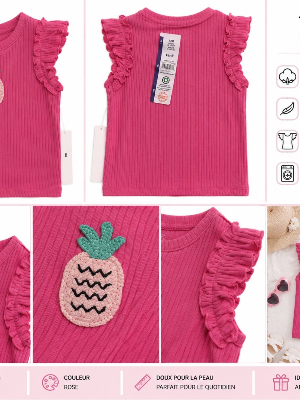 No Boundaries Hot Pink Ribbed Tank with Pineapple Applique and Ruffle Sleeves